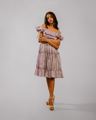 Lilac Off Shoulder Ruffle Tiered Tunic Dress