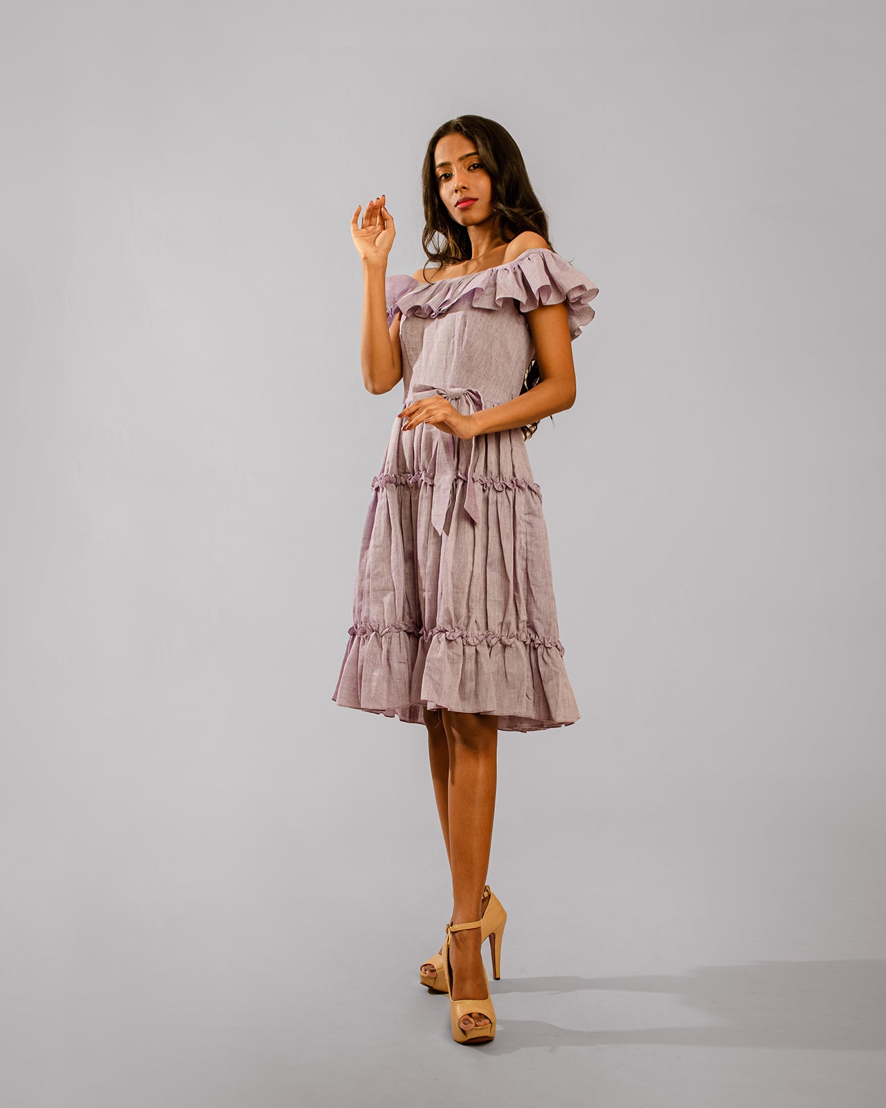 Lilac Off Shoulder Ruffle Tiered Tunic Dress