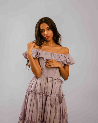 Lilac Off Shoulder Ruffle Tiered Tunic Dress