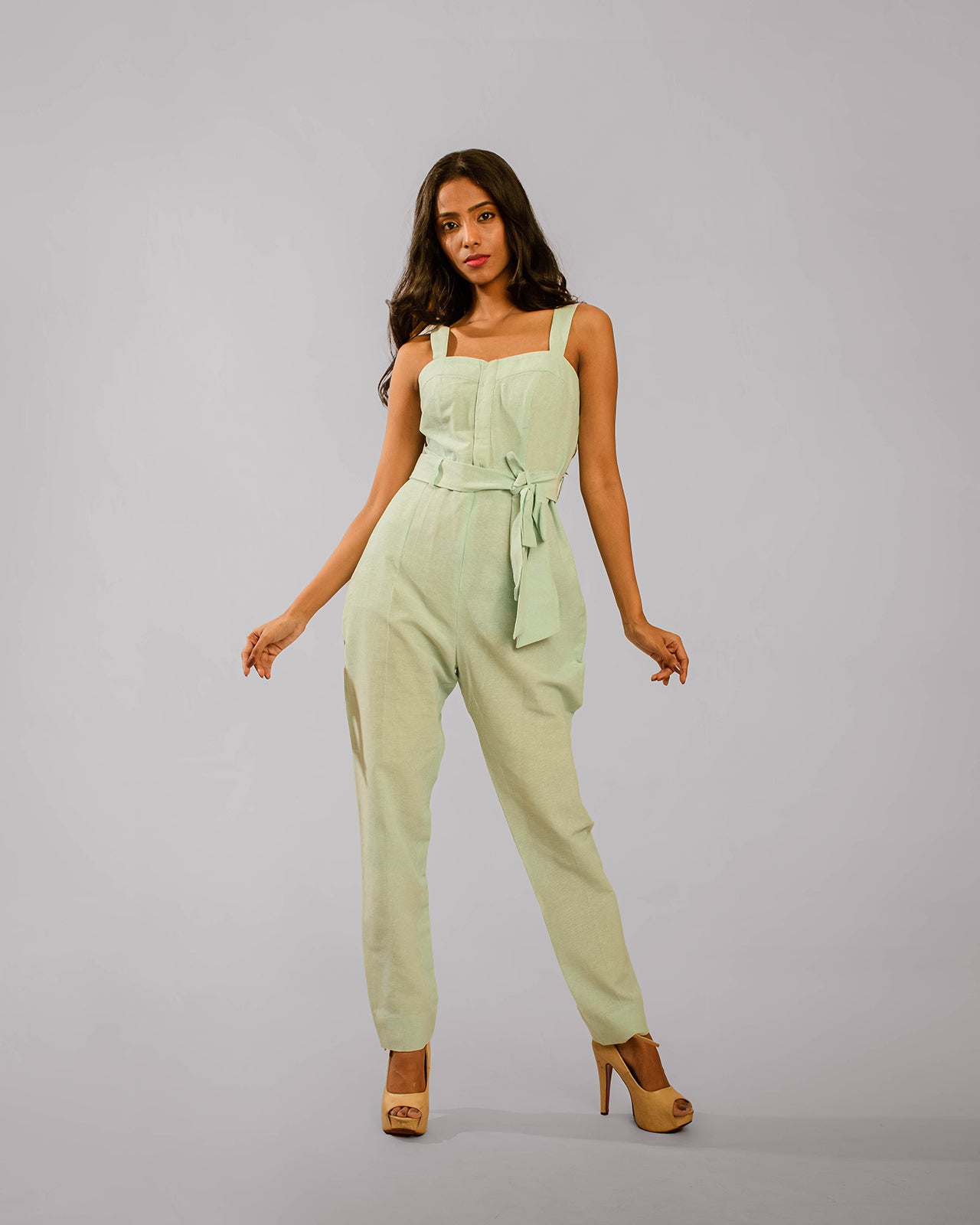Dull Green Sweetheart Neck Jumpsuit