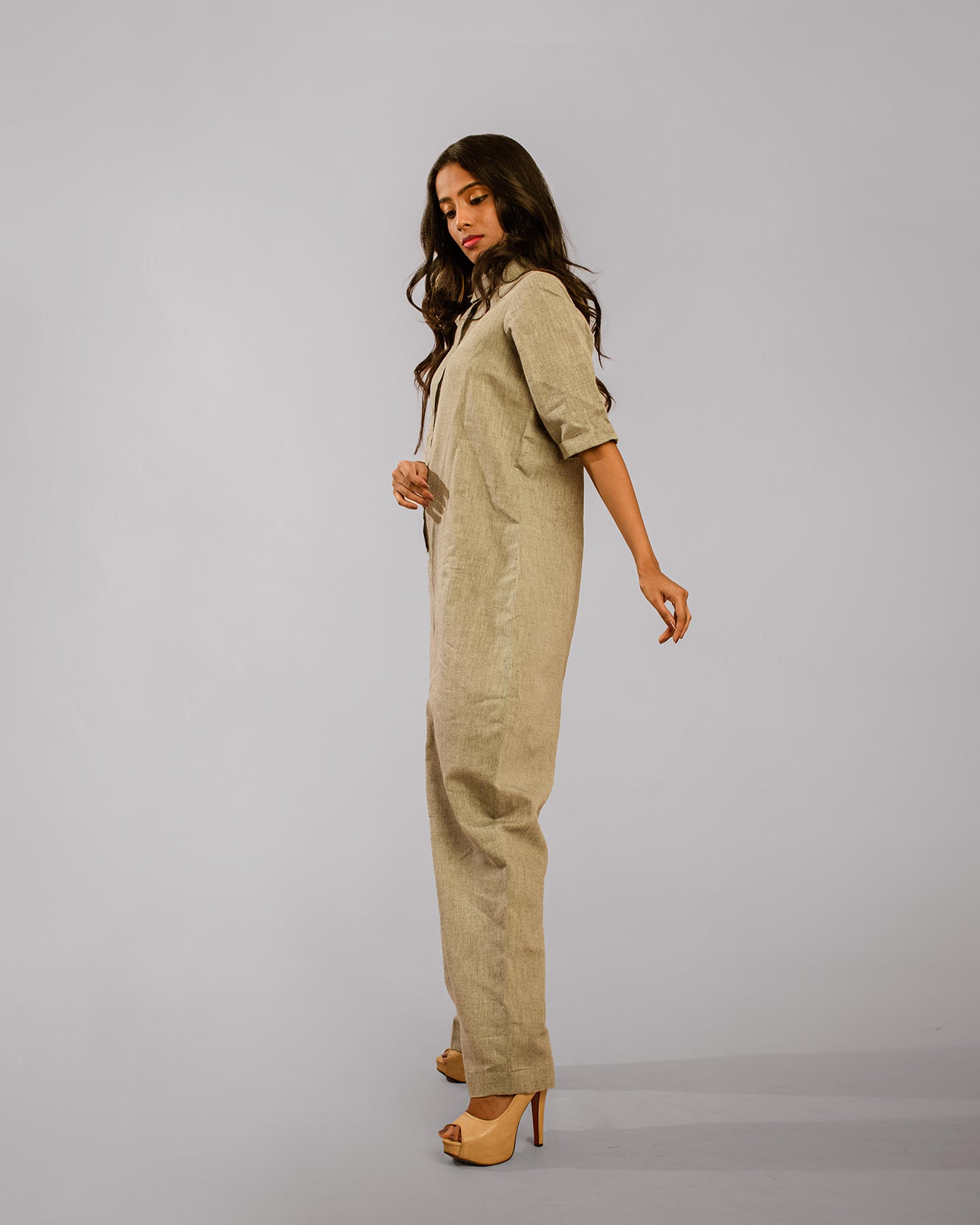 Dull Grey Regular Shirt Collar Jumpsuit