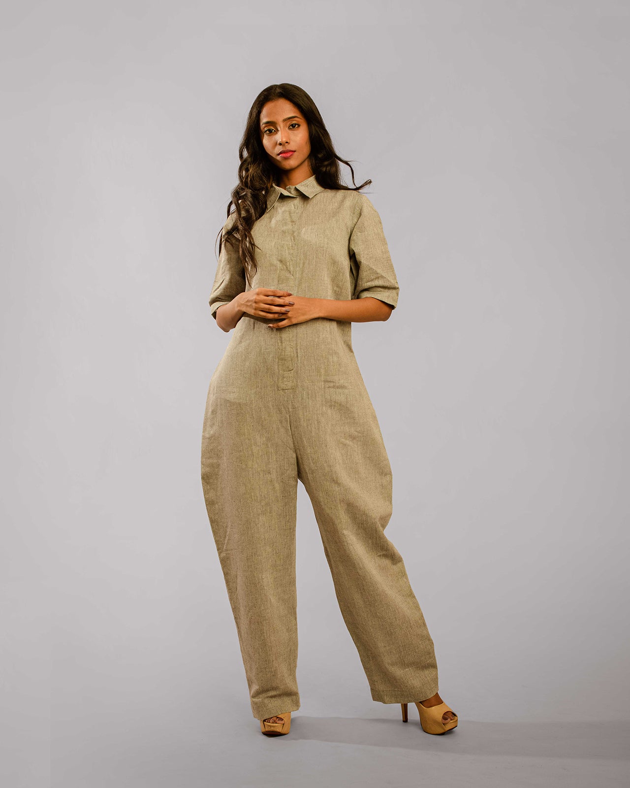 Dull Grey Regular Shirt Collar Jumpsuit