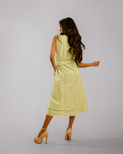 Light Green Vertical Dark Green Striped Pattern Long Dress