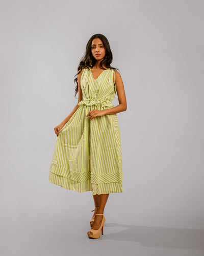 Light Green Vertical Dark Green Striped Pattern Long Dress