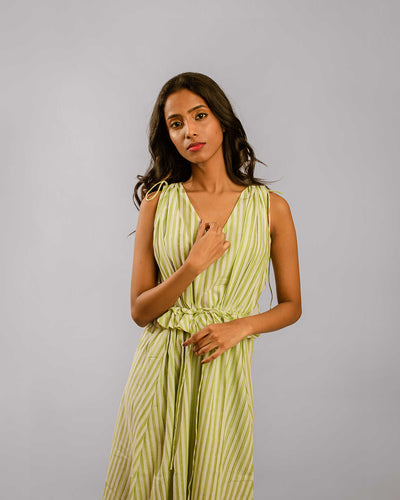 Light Green Vertical Dark Green Striped Pattern Long Dress