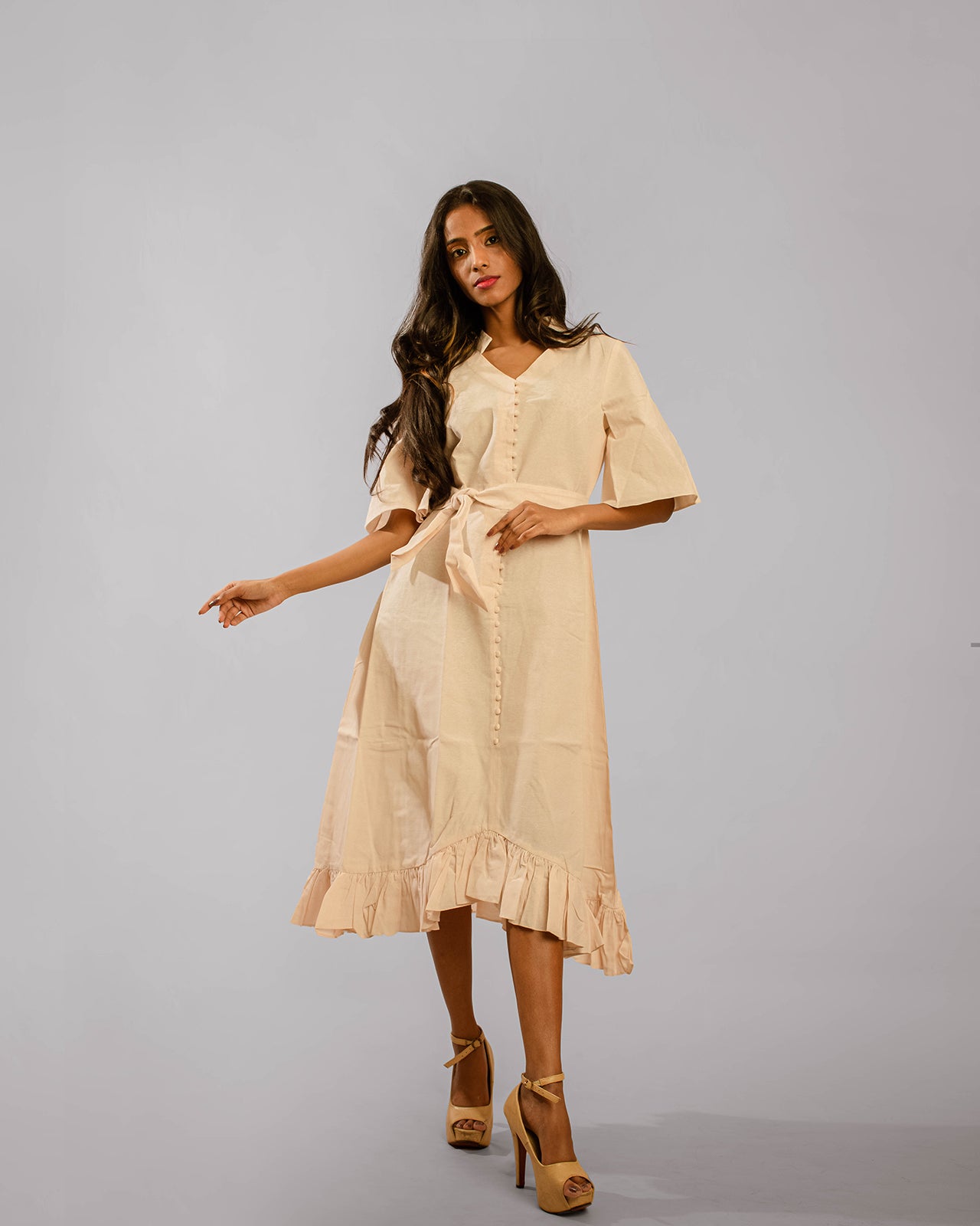 Beige Bell Sleeve With Side Tieing Knee Length Dress