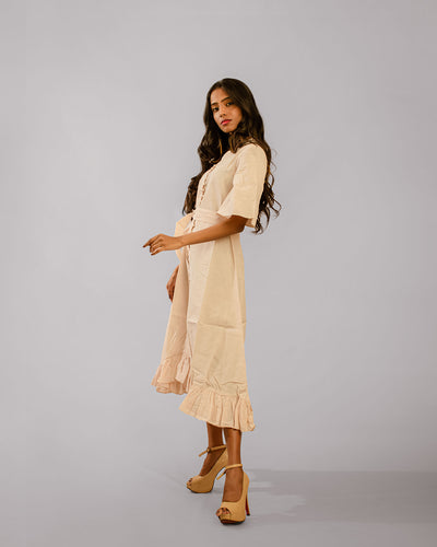 Beige Bell Sleeve With Side Tieing Knee Length Dress