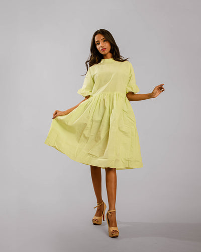 Neon Green Mandarin Collar Circular Flounce Sleeve Knee Length Tunic