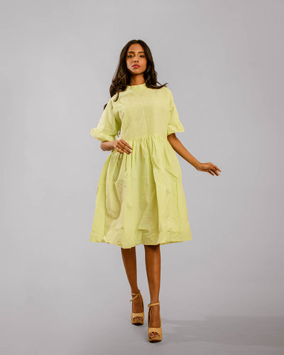 Neon Green Mandarin Collar Circular Flounce Sleeve Knee Length Tunic