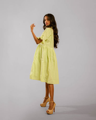 Neon Green Mandarin Collar Circular Flounce Sleeve Knee Length Tunic