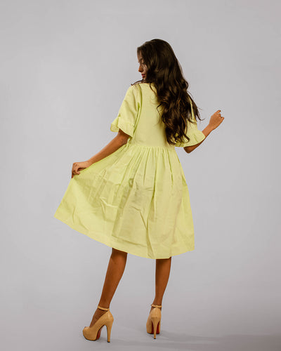 Neon Green Mandarin Collar Circular Flounce Sleeve Knee Length Tunic