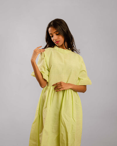Neon Green Mandarin Collar Circular Flounce Sleeve Knee Length Tunic