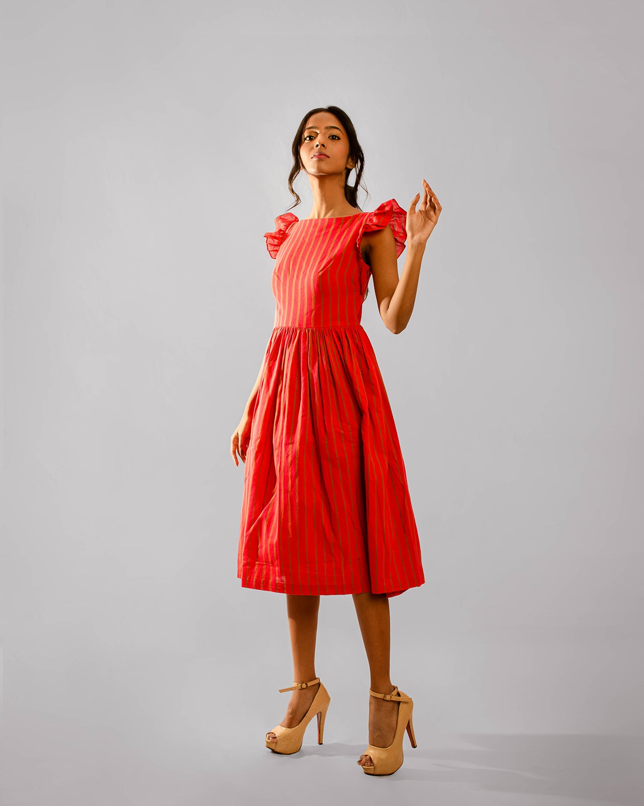 Red Striped Cape Ruffle Sleeve Below Knee Length Dress