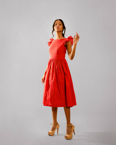 Red Striped Cape Ruffle Sleeve Below Knee Length Dress