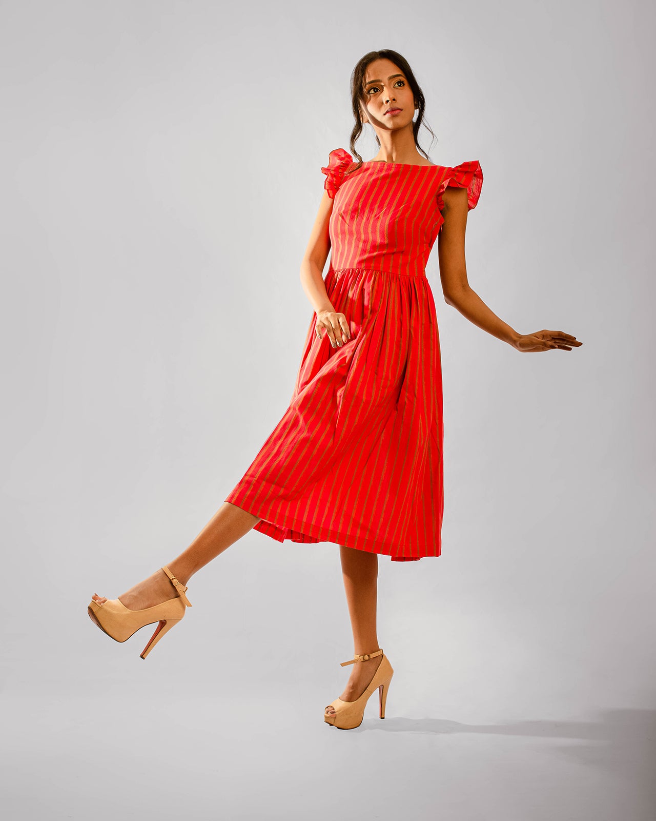 Red Striped Cape Ruffle Sleeve Below Knee Length Dress