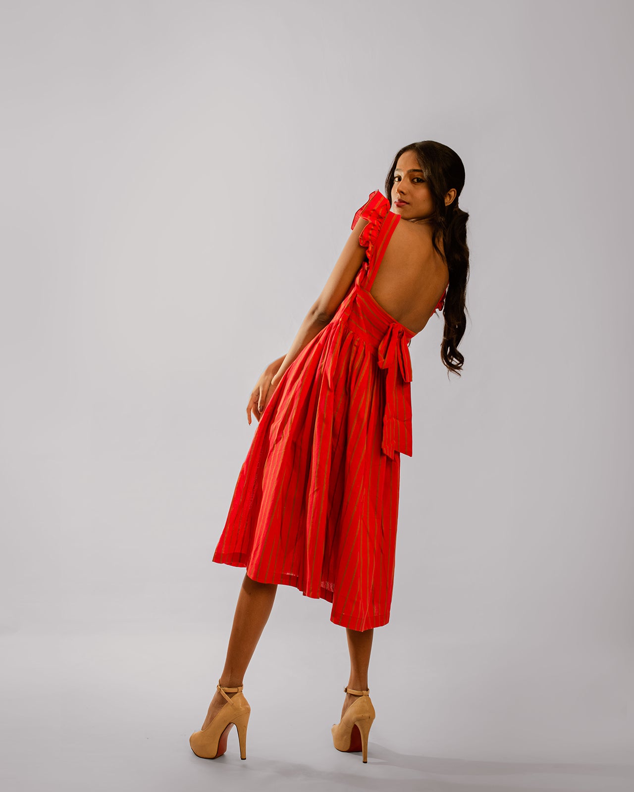 Red Striped Cape Ruffle Sleeve Below Knee Length Dress