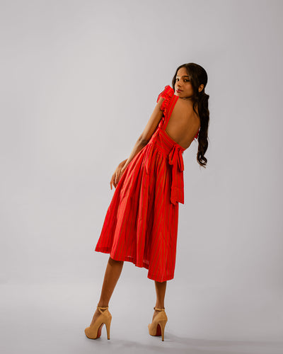 Red Striped Cape Ruffle Sleeve Below Knee Length Dress