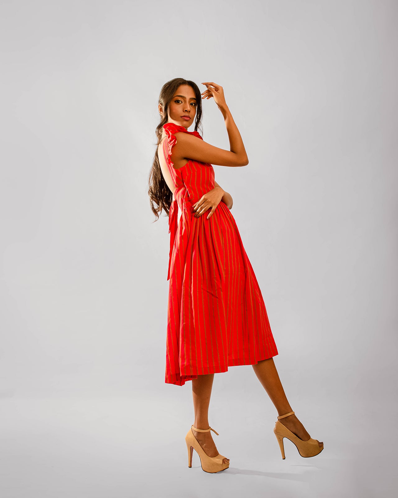 Red Striped Cape Ruffle Sleeve Below Knee Length Dress