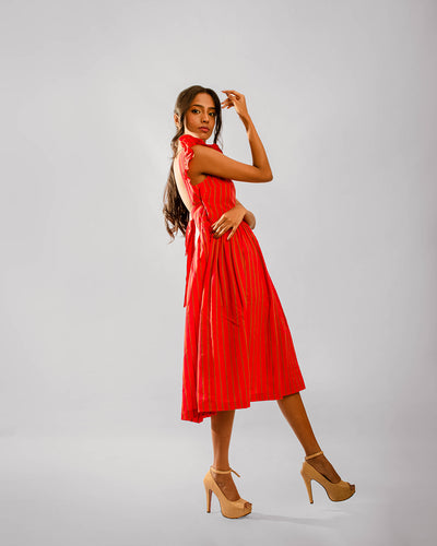 Red Striped Cape Ruffle Sleeve Below Knee Length Dress