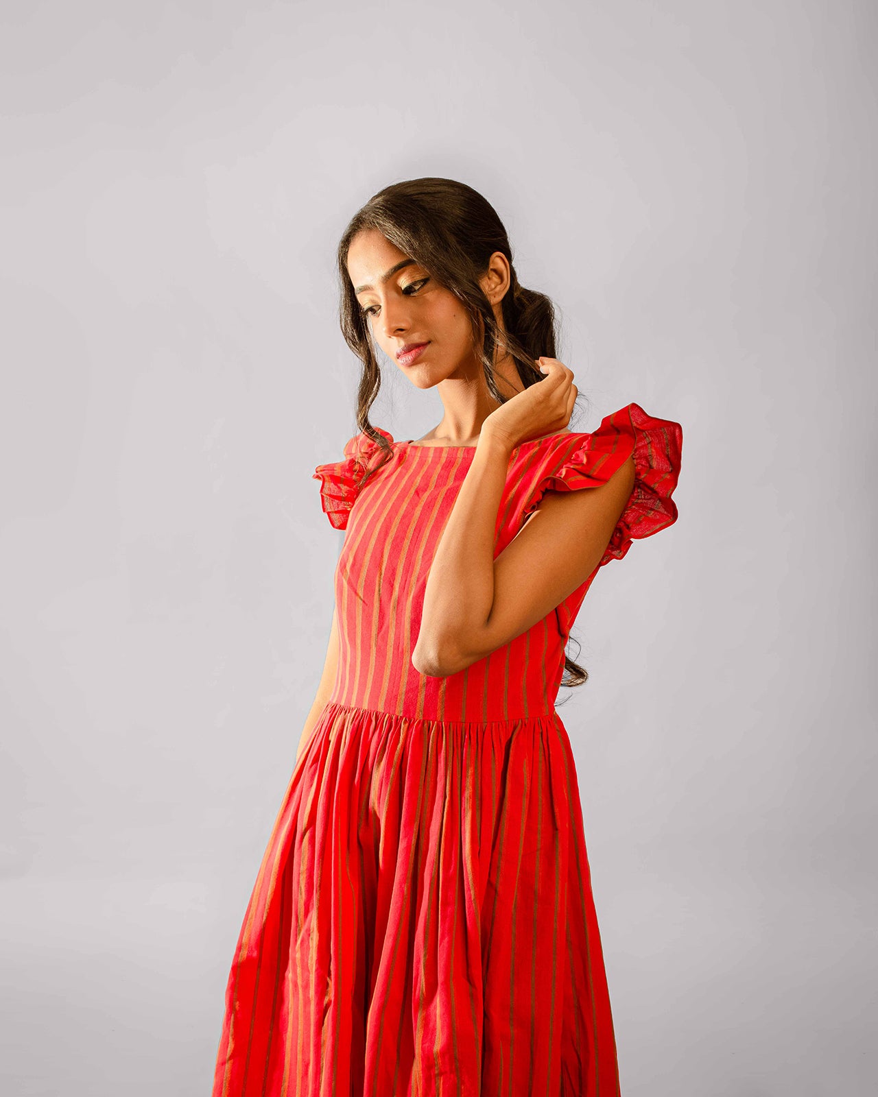 Red Striped Cape Ruffle Sleeve Below Knee Length Dress