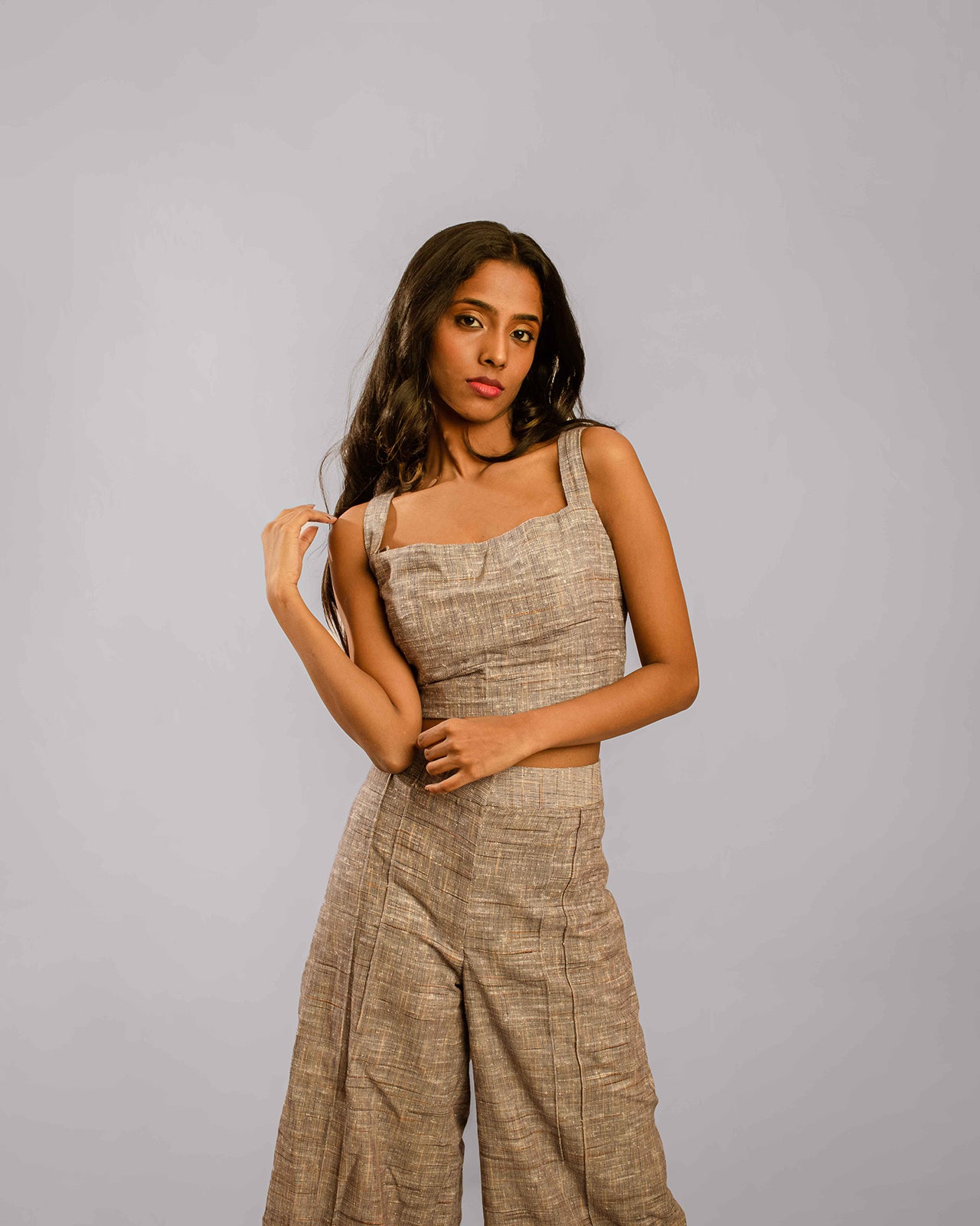 Grey Wide Leg Ankle Length Pant Crop Top With Sash Co-Ords