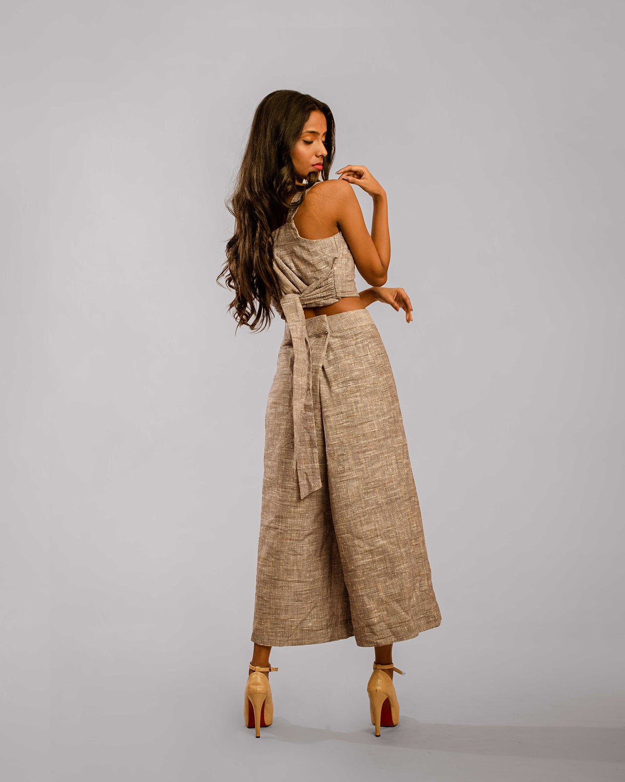 Grey Wide Leg Ankle Length Pant Crop Top With Sash Co-Ords