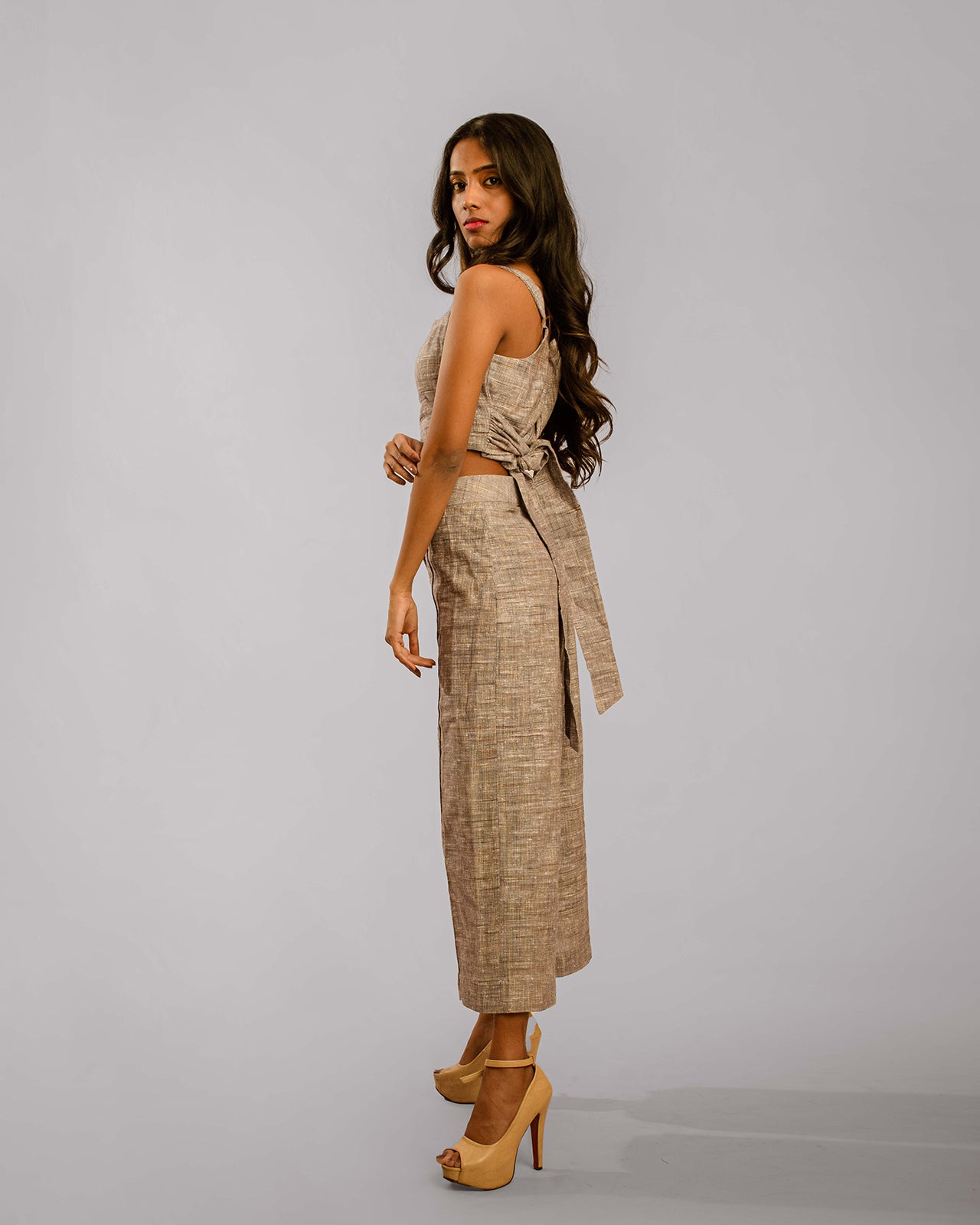 Grey Wide Leg Ankle Length Pant Crop Top With Sash Co-Ords