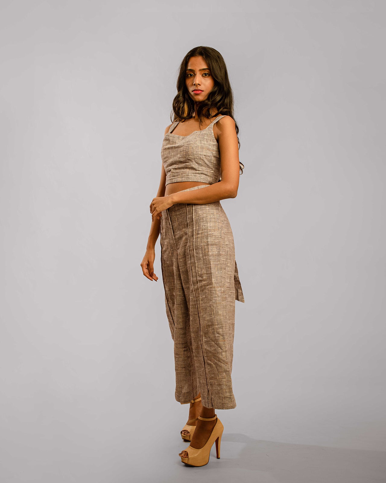 Grey Wide Leg Ankle Length Pant Crop Top With Sash Co-Ords
