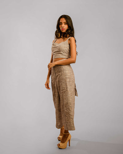 Grey Wide Leg Ankle Length Pant Crop Top With Sash Co-Ords