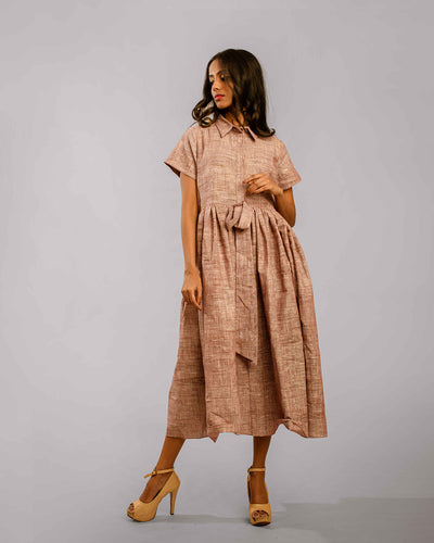 Brown Gathered Below Knee Length Shirt Dress With Sash