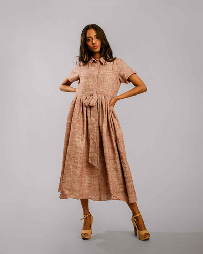 Brown Gathered Below Knee Length Shirt Dress With Sash