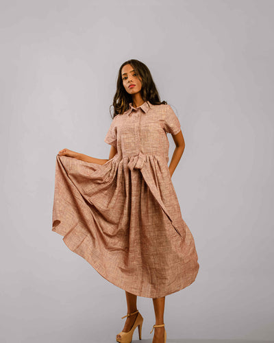 Brown Gathered Below Knee Length Shirt Dress With Sash