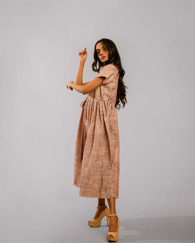 Brown Gathered Below Knee Length Shirt Dress With Sash