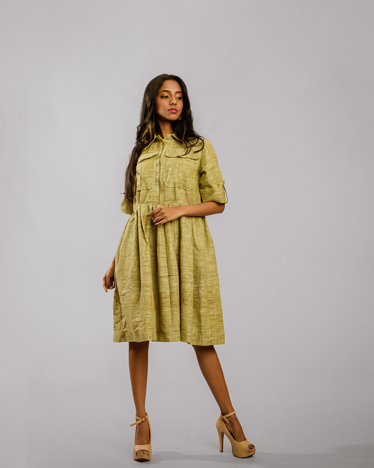 Khaki Brown Oversize Safari Flap Pocket Jacket Zipper Shirt Dress