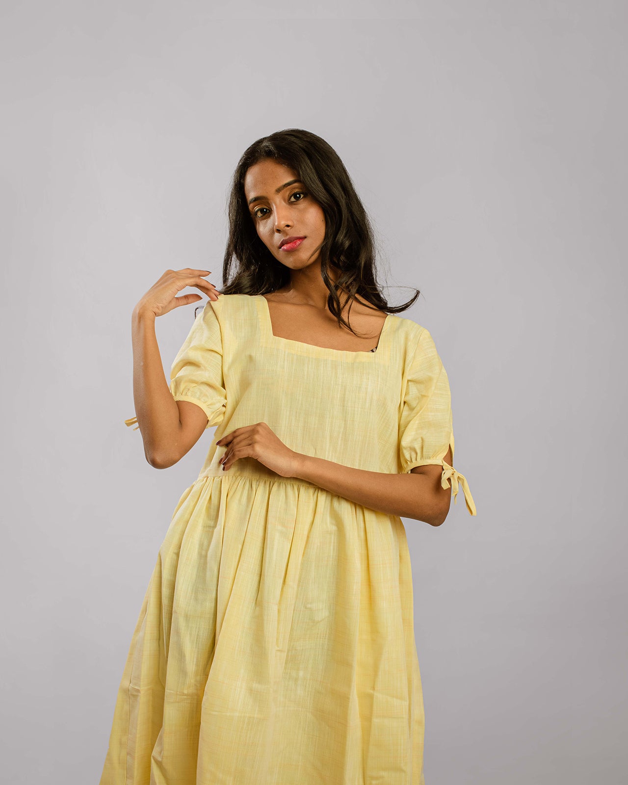Lemon Yellow Puff Sleeve Tyeable Gathered Pleat Tunic Knee Length Dress