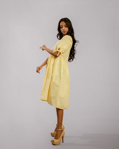 Lemon Yellow Puff Sleeve Tyeable Gathered Pleat Tunic Knee Length Dress