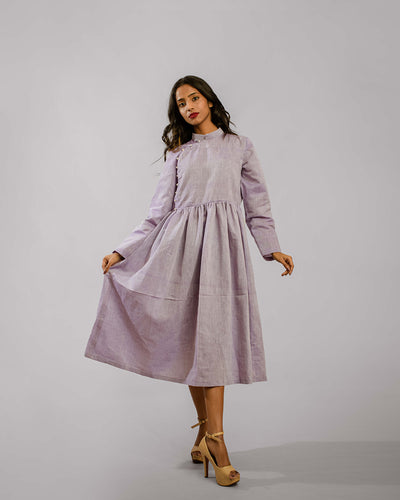 Lilac Nehru Collar Gathered Pleat Three Fourth Length Tunic Dress