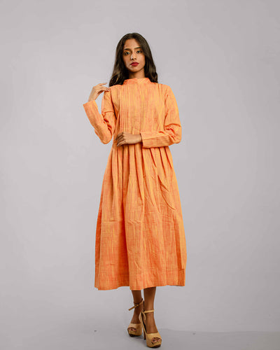 Rustic Orange Nehru Collar Tunic Dress With Knife Pleat Detail