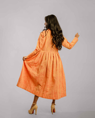 Rustic Orange Nehru Collar Tunic Dress With Knife Pleat Detail