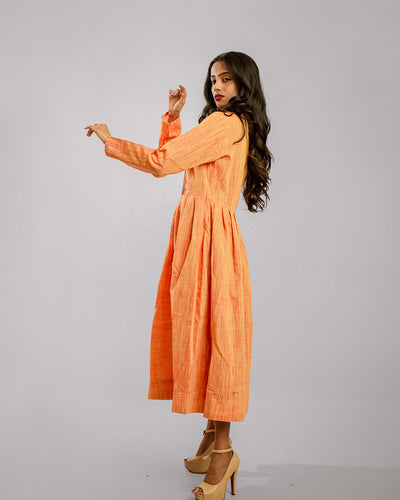 Rustic Orange Nehru Collar Tunic Dress With Knife Pleat Detail