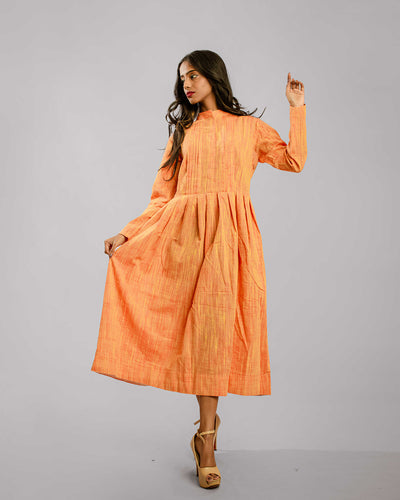 Rustic Orange Nehru Collar Tunic Dress With Knife Pleat Detail