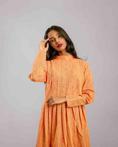 Rustic Orange Nehru Collar Tunic Dress With Knife Pleat Detail