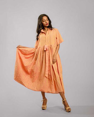 Orange Gather Pleat Ankle Length Shirtt Dress