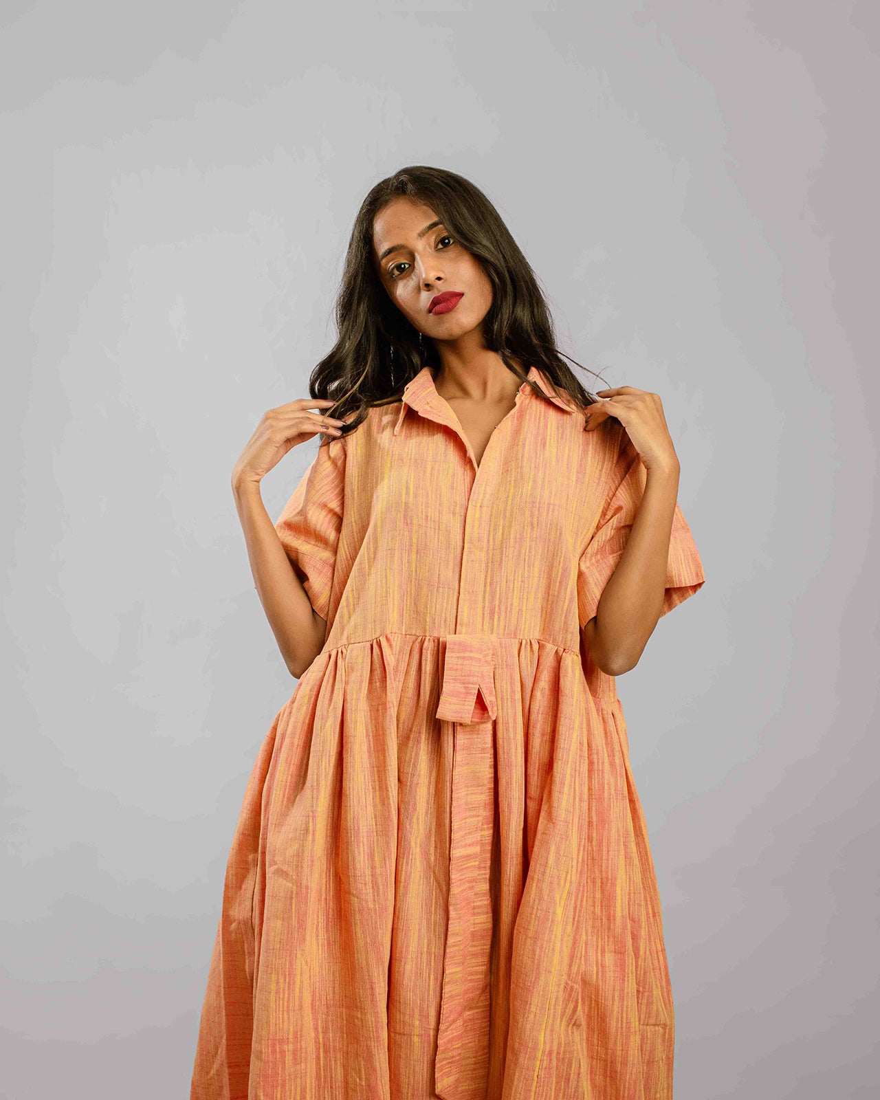 Orange Gather Pleat Ankle Length Shirtt Dress
