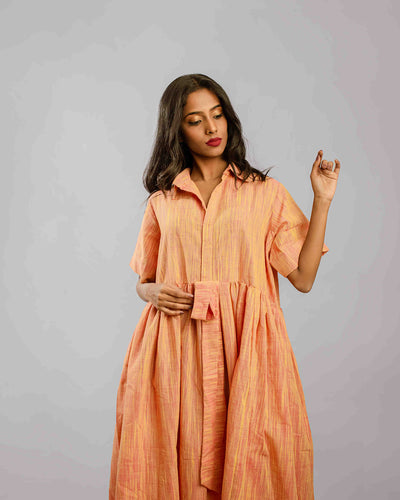 Orange Gather Pleat Ankle Length Shirtt Dress