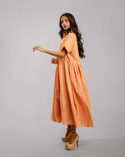 Orange Gather Pleat Ankle Length Shirtt Dress