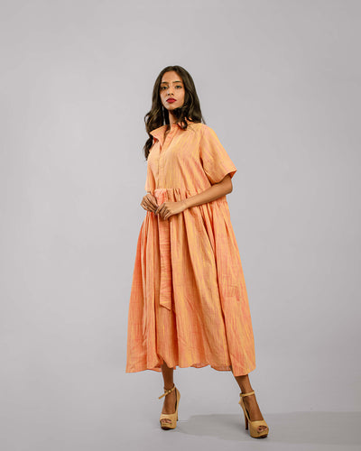 Orange Gather Pleat Ankle Length Shirtt Dress