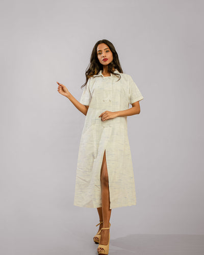 White Double Breasted Regular Collar High Slit Shift Dress