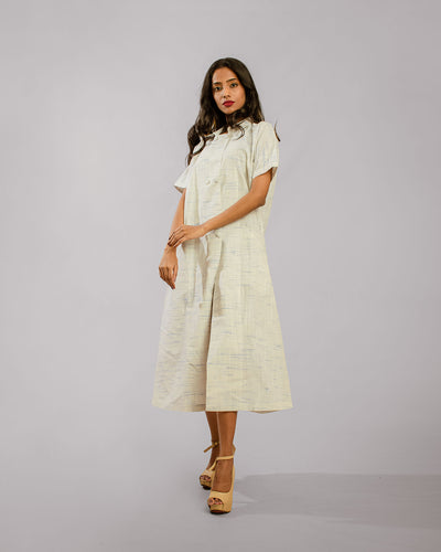 White Double Breasted Regular Collar High Slit Shift Dress