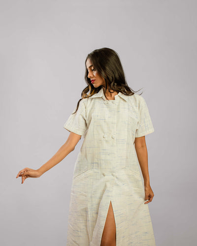White Double Breasted Regular Collar High Slit Shift Dress